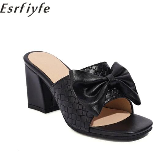 ESRFIYFE 2021 New Summer Womens Slippers Thick High Heels Fashion Outerwear Bowknot Beach Women Slippers Large Size 34-48