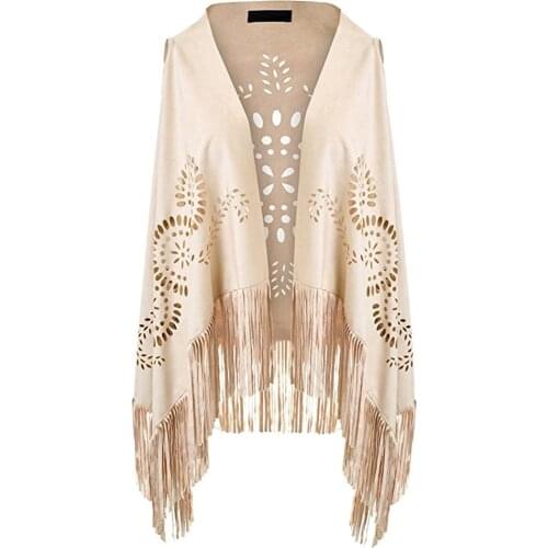 Suedette V-Neck Front-Open Fringe Sleeveless Cardigan Gilet Vest with Punch Hole Patterns for Ladies