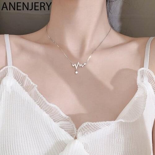 ANENJERY 925 Sterling Silver Heartbeat Necklace for Women Delicate Wave CZ Clavicle Chain Necklace Jewelry Gifts S-N147
