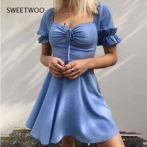 Summer Off Shoulder Mini Dress Women Blue Lace Up A-Line High Waist Short Sleeves Sexy Robe 2021 Zipper Beach