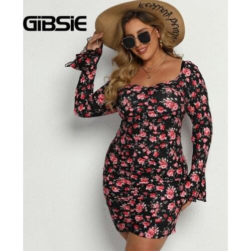 GIBSIE Sweetheart Neck Floral Print Ruched Bodycon Dress Plus Size xxxl 4xl Women Autumn Casual Long Sleeve Mini Dresses 2021