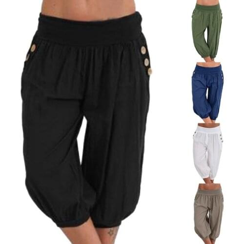 2021 Womens Fashion Cotton Linen Short Trouser Pants Womens Solid Color Seven Casual Loose Pants Plus Size 5XL