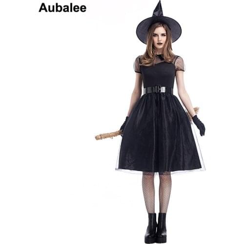 Black Witch Costume Adult Women Magic Moment Sorceress Sexy Witch Halloween Costume Carnival Party Ghost Fancy Crape Dress