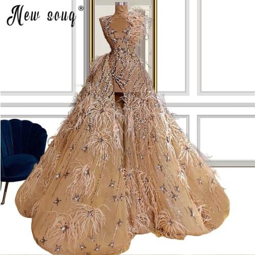 Couture Illusion Evening Dresses Heavy Pearls Crystal Dubai Split Side Feather Celebrity Dresses Wedding Party Gown Robe De Soir