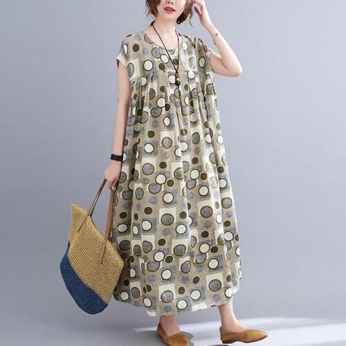 2021 Thin Women Dress Plus Size 4XL 5XL 6XL Holiday Dot Print Long Dress Oversize Cotton Linen Pleated Sundress Dresses Vestidos
