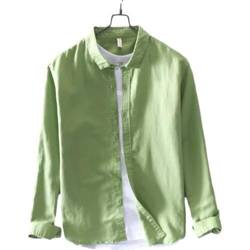 Cotton Linen Long Sleeve Shirts for Men Slim Fit Turn-down Collar Vintage Tops Male Casual Solid Green Color Brand Clothing