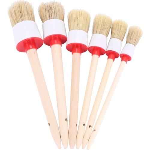 Natural Boar Hair Detail Brushs(Set of 6), Detailing Brush Set for Cleaning Weels, Interior, Exterior, Leather