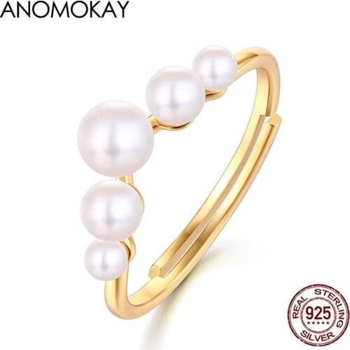 Anomokay New Spring & Autumn Series One Line Pearl Gold Color Rings for Birthday Valentines Day Gift Adjustable 925 Silver Ring
