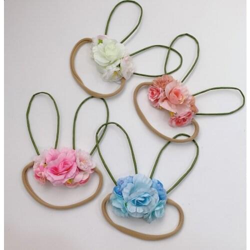 Miss cute Fashion contracted Rabbit Ear Flower Crown Wreath Party Headband Newborn Baby Elastic handmade Hairbands Kids Headwear