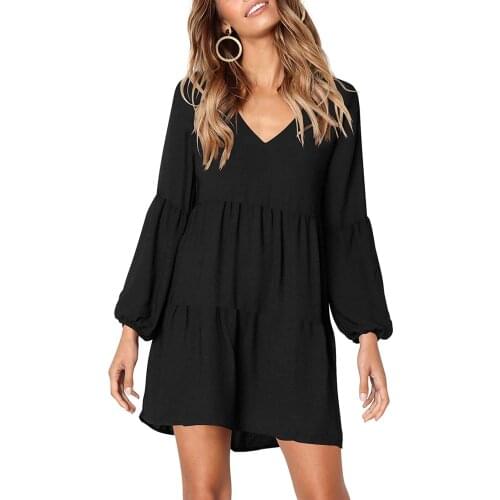 Fashion Women Dress Solid V-neck Lantern Long Sleeve Flowy Swing Shift Loose Dress Robe Femme Dresses Summer Woman 2021 Sundress
