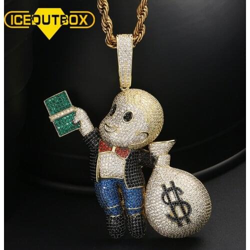 Hip Hop Boy With Money Bag Pendants Micro-inlaid Colorful Zircon For Women Mens Fashion Bling AAA CZ Jewelry Gift Drop Shipping
