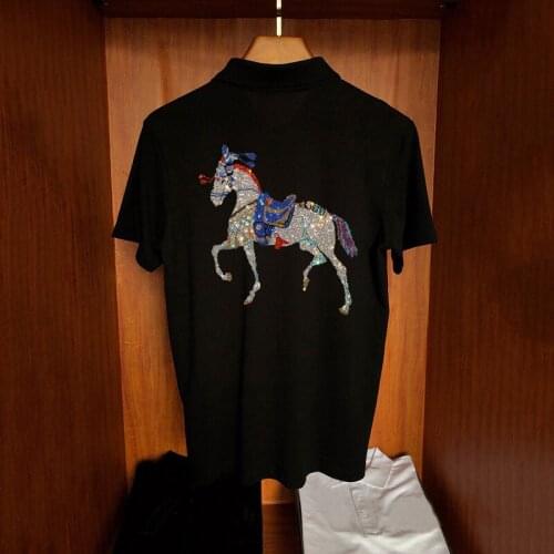 Mens Summer Anti-Pilling Luxury Slim Personality Hot Sale Short-Sleeved Polo Shirt Diamond Exaggerated Night Field Pattern