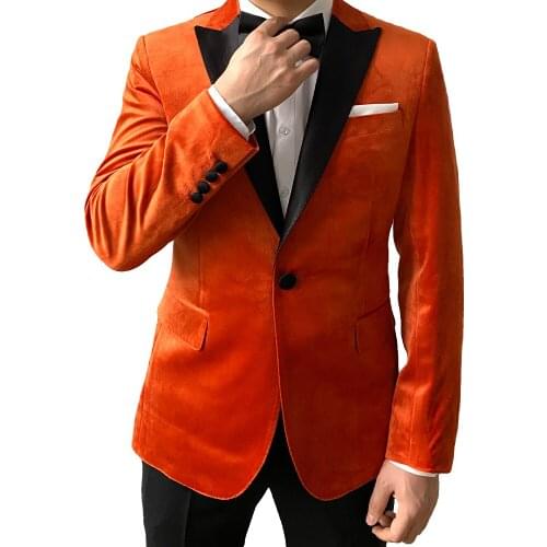 Mens Wedding Tuxedo Orange Velvet Suit Jacket Hand Made Tailored Customerd Kingsman Style