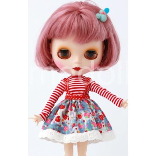 1 Set 1/6 Blyth Clothes Outfits Long-sleeve Stripe T-shirts + Cute Strawberry Strap Skirt for Licca, Middle Blyth Doll Clothing