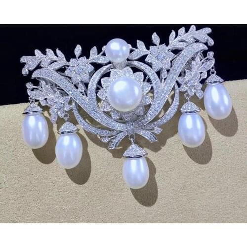 Natural fresh water pearl brooch pins Victoria vintage palace 925 sterling silver zircon double use it is clasp too DIY jewelry