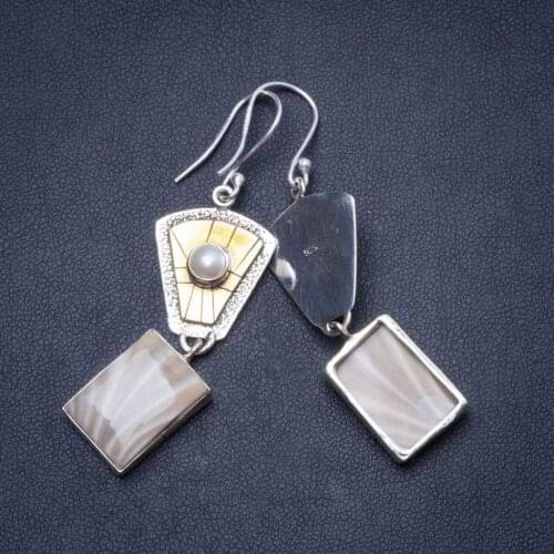Natural Two Tones Imperial Jasper River Pearl Handmade Unique 925 Sterling Silver Earrings 2.25" Y0748