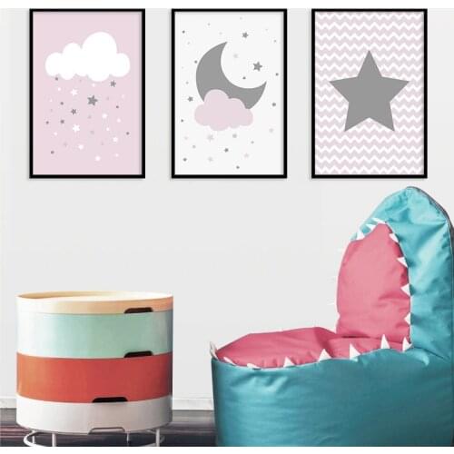 Nordic Fresh Cartoon Moon Star Clouds Pink Style Girls Room Decorative Painting Childrens Room Wall Hanging Painting Canvas Art