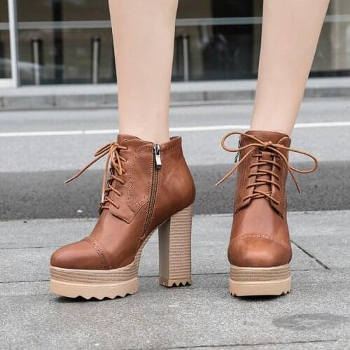 YMECHIC 2018 Vintage Punk Platform Block High Heels Cross Tied Gothic Zip Ankle Motorcycle Boots Women Shoes Autumn Plus Size