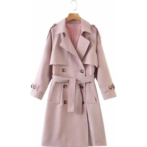 Women autumn fashion pink long jackets outwear with belt Nice stylish lady double breasted loose coat streetwear femme veste