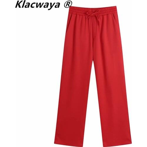 Klacwaya Women 2021 Red Pants Elastic Drawstring High Waist Vintage Trousers Casual Summer Wide Leg Pants Trousers Mujer