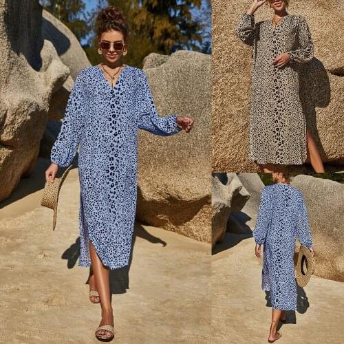 2021 Women Leopard Print Long Dress Fashion Summer Beach Holiday Loose Casual Vestido V-neck Mid-calf Length Long Sleeve Dress