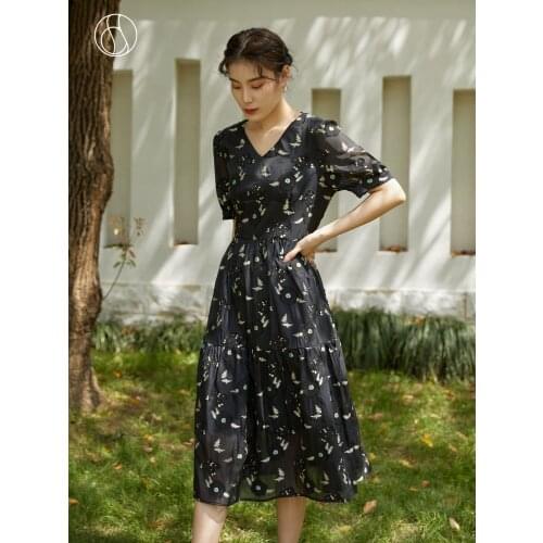 DUSHU Office Lady Three-dimensional Cut Flower V-neck Dress Women Summer 2021 New Style Black Short-sleeved Long Skirt