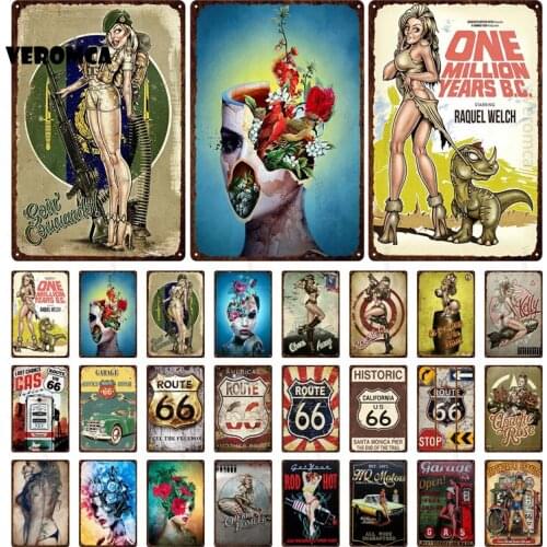 Tin Sign Route 66 Metal Plates Plaque Retro Pin Up Girl Wall Stickers Metal Poster Picture Garage Bar Vintage Home Decoration