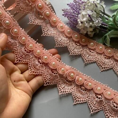 1 Yard 4.5cm Pink Pearl Tassel Plum Flowers Pearl Lace Trimmings Ribbons Beaded Lace Fabric Embroidered Sewing Wedding Dress DIY