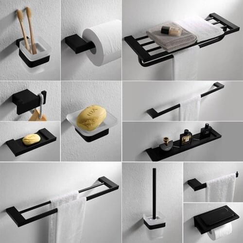 Bathroom Accessories Black Finish Modern Style Bath Hardware Hanger Set Package Towel Rack Bar Brush Paper Holder Shelf Hook