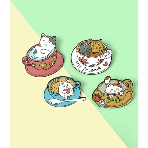 Cup Cat Enamel Pin Custom Cute Cats Coffee Animal Brooch Bag Clothes Lapel Pins for Backpacks Kitten Cafe Badge Women Jewelry