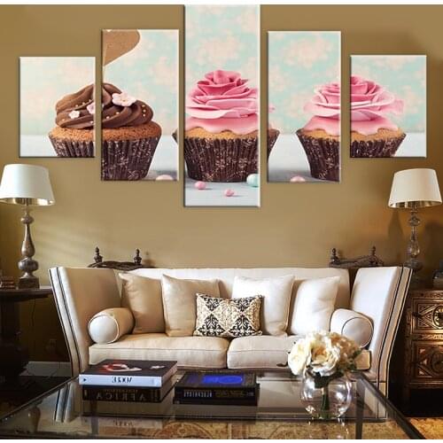 Canvas Painting 3 Cupcake ice-cream rose 5 Pieces Wall Art Painting Modular Wallpapers Poster Print for living room Home Decorr