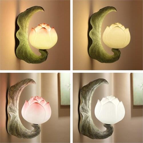 Chinese Style Lotus Wall Lamp Led Retro Mirror Lights Bedroom Bedside Lamp Vintage Resin Sconce Stair Home Decor Light Fixtures