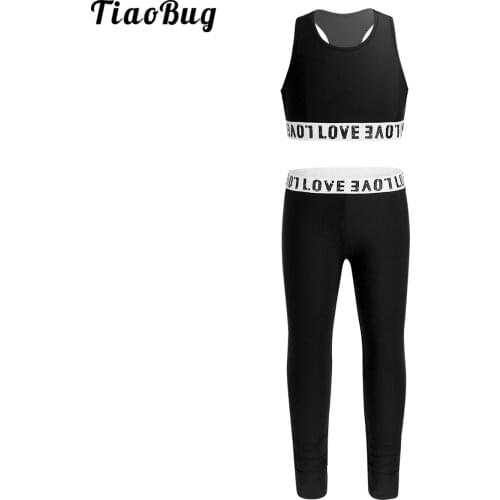 TiaoBug 2Pcs Kids Girls Athletic Outfit Letter Printed Sleeveless Racer Back Tanks Crop Top With Leggings Set For Gym Workout