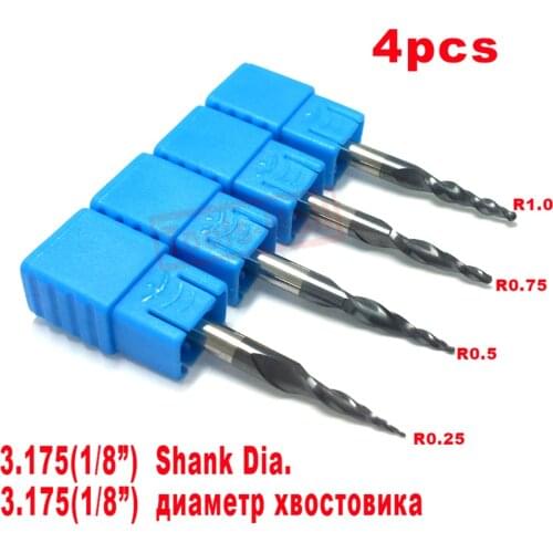 4PCS Assorted R0.25&0.5&0.75&1.0mm with 1/8" shank Tungsten solid carbide Tapered Ball Nose End Mills and cone cutter HRC55