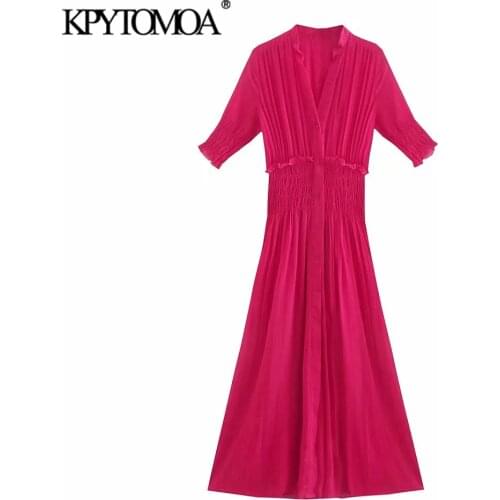 KPYTOMOA Women 2021 Fashion With Elastic Trim Pleated Midi Dress Vintage Short Sleeve With Lining Female Dresses Vestidos Mujer