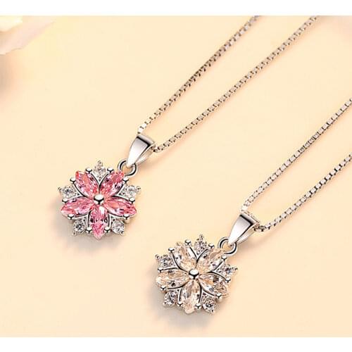 Fashion 925 Sterling Silver Pink Crystal Flower Pendants And Necklaces For Women Wedding Party Vintage Girl Jewelry Gift GaaBou