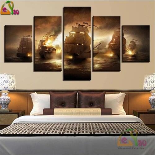 5pcs Sea Battle Ship Flame Burned Diy Diamond Painting Cross Stitch 5D Square Round Diamond Embroidery Mosaic Sticker Home Decor