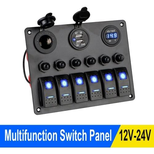 6 Gang Rocker Switch Panel 12V/24V Car Marine Circuit LED Breaker Digital Voltmeter Dual USB Ports For Car RV Truck ATV UTV