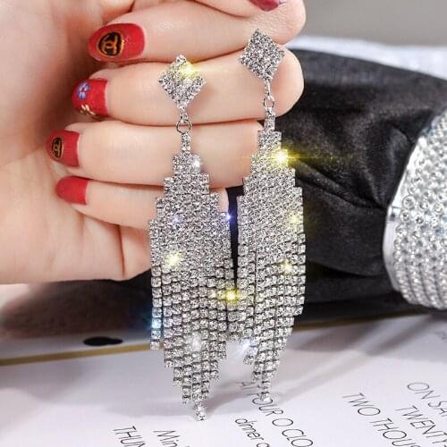 Full Rhinestone Woman Earrings Shining Korean Fashion Pendants Long Golden Charm Party Girl Jewellery
