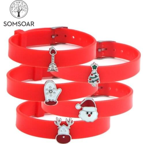 Dropshipping Somsoar Jewelry Red Silicone Christmas Charm Bracelet Set with Xmas Slide Charms as Christmas Day Gift