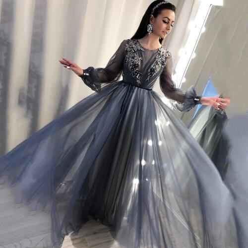 Romantic Long Sleeves Formal Evening Dresses 2020 A Line Appliques Lace Custom Prom Dress Boho Puff Sleeves Party Gown
