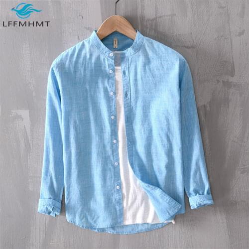 Spring Autumn Fashion Men Stand Collar Solid Color Long Sleeve Shirt Male Japan Style Button Up Simple Harajuku Slim Cotton Tops
