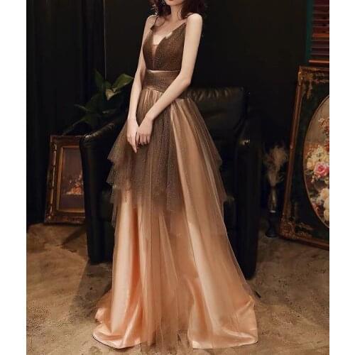 Sexy Champagne Grey Prom Dresses V-Neck Backless Long Shining Gradual Tulle Spaghetti Strap Fashion Pageant Party Evening Gowns