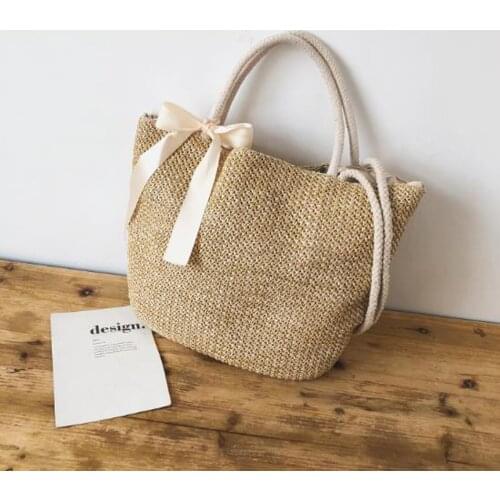 Ladies Ribbon Bow Straw Bag Rattan Ribbon Bow Pure Color Shoulder Bag Ladies Acute Fashion Beach Travel Bag