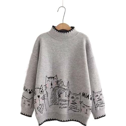 Cartoon Cat Jacquard Harakuju Knit Pullover Sweaters Women 2021 Winter Long Sleeve Turtleneck Ladies Kawaii Cute Warm Tops