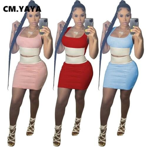 CM.YAYA Women Shorts Set Solid Sleeveless Low Collar Vest Matching Empire Skinny Elastic Mini Skirts 2 Piece Sets Female Summer