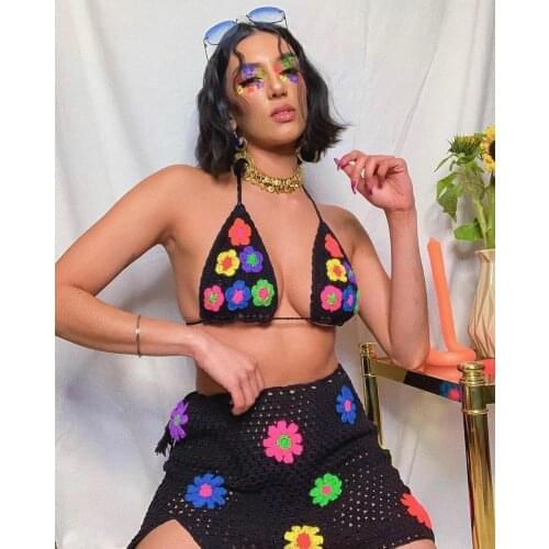 Women Sexy Two-Piece Clothes Set Floral/ Heart Pattern Sleeveless Crop Tops And Knitted Skirt Unique Style Fashionable /Charming