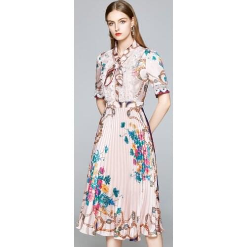 Summer Runway Designer Bow Neck Pleated Dress Women Short Sleeve Lace Patchwork Floral Print Vintage Female Elegant Midi Dress