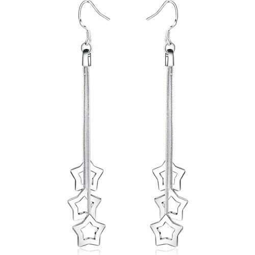 1Pair Elegant Jewelry Fashion Lady Noble Tassel Pentagram Silver Plated Long White Hook Dangle Earrings Women Silver Plated