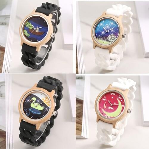 Women Watch High Quality Black Silicone Strap Minimalist Luminous Wood Dial Quartz Watches No Buckle With Instruction Wife Gift